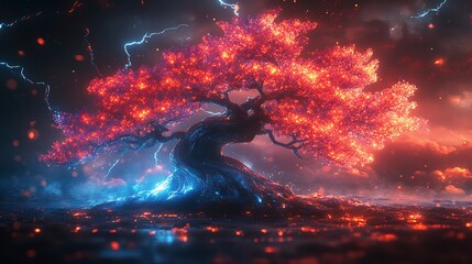 A fiery tree stands tall against a stormy sky, with lightning striking the ground around it.