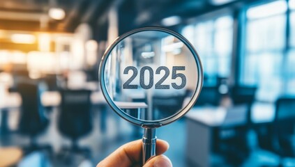 Magnifying Glass Focused on 2025 in a Blurred Office Setting
