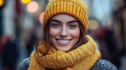 happy woman in a yellow knit sweater and hat, smiling on a vibrant city street, capturing the warmth and casual fashion of autumn streetwear in an urban setting