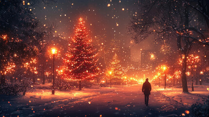 In a tranquil winter evening, a person strolls through a snowy park illuminated by vibrant Christmas lights and falling snowflakes