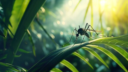 Naklejka premium Close-up of mosquito resting on leaf in tropical forest, emphasizing its role in transmitting viruses, shallow depth of field.