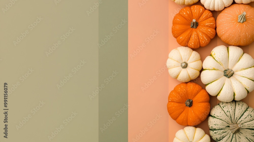 Poster vibrant arrangement of pumpkins in various colors and sizes is displayed against a contrasting peach