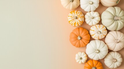 Obraz premium Small pumpkins border on peach background, perfect for autumn themes with copy space