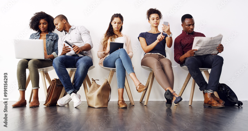Poster Group, office and seminar with business people and technology for networking, industry panel and developer workshop. Hackathon, web summit and ai ethics with conference for audience, showcase or news