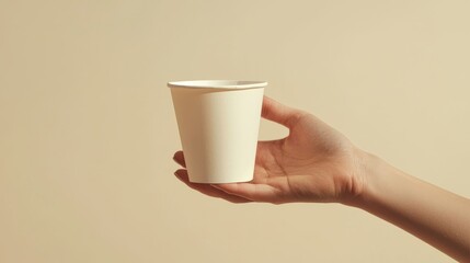 Hand holding a plain white paper cup against a cream background, emphasizing simplicity and functionality.