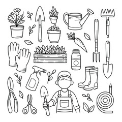 Set of Gardener Tools in Doodle hand drawn style vector illustration