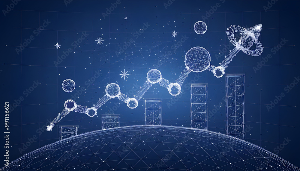 Poster abstract image of a growth chart in the form of a starry sky or space, consisting of points, lines, 
