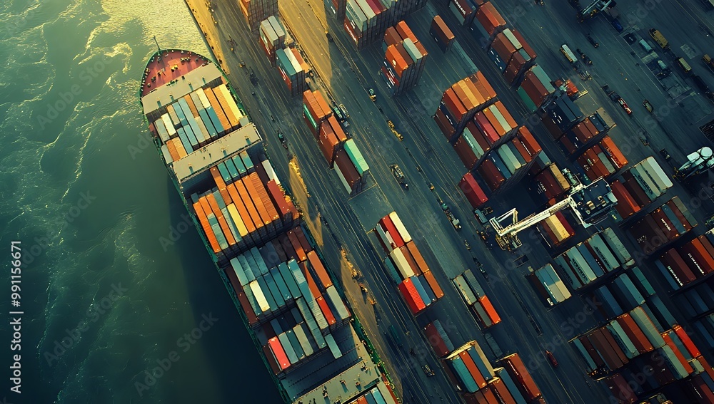 Poster aerial view of cargo ship in port with colorful shipping containers.
