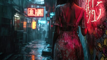Obraz premium Close-up shot of a vintage dress in a dystopian urban alley, graffiti-covered walls, flickering neon signs