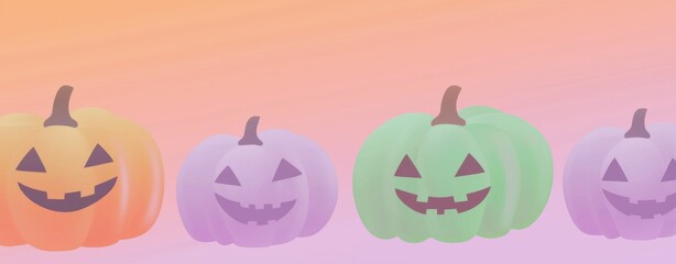 Four colorful pumpkins are lined up on a gradient background, creating a festive and playful halloween atmosphere. Perfect for projects related to halloween, autumn, or celebrations