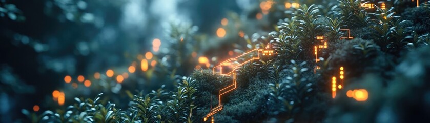 Fototapeta premium Close-up shot of futuristic tech integrated into a serene urban zen garden, vibrant flora and glowing circuits entwined, harmonious design