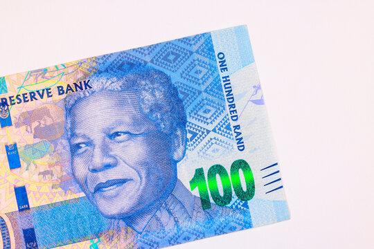 Portrait Nelson Rolihlahla Mandela is from South Africa 100 rand is country currency National Bank of South Africa issues banknotes front view