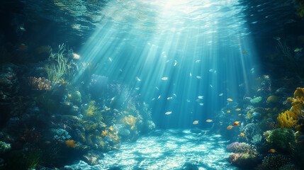 Obraz premium Beautiful underwater scene with sun rays shining through the water