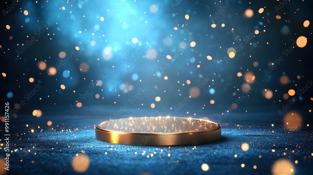 Poster a shimmering circular surface surrounded by floating particles and a blue mist.