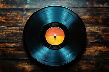 Obraz premium A vibrant vinyl record resting on a rustic wooden surface showcasing its colorful center