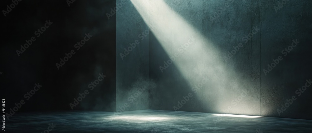 Poster a dimly lit space with a beam of light illuminating a corner, creating a mysterious atmosphere.