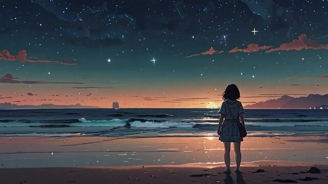 Anime Girl Gazing at Starry Night Sky on Beach