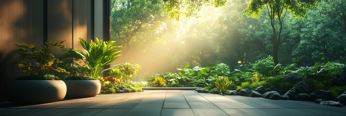 Sunlight streams through lush greenery, illuminating a peaceful patio.