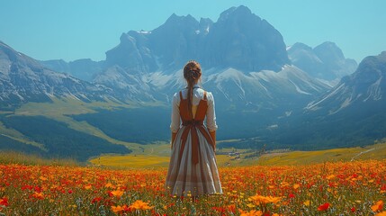 A wide-angle shot of a woman in a Bavarian Dirndl, standing in a vibrant meadow with the Bavarian Alps towering behind her The sky is clear blue,