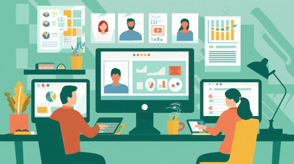 A business team in a virtual meeting, using remote work tools like shared documents, task management platforms, and video conferencing software.