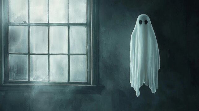 Transparent ghostly figure with glowing eyes is hovering in a dark room by a window, creating a spooky and eerie atmosphere. The foggy view from the window adds to the mysterious ambiance