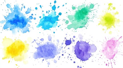 Collection of watercolor splatter paint in various colors on white background.