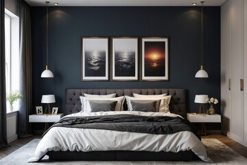 Stylish Modern Bedroom Interior with Dark Color Tones and Abstract Art Frame with Copy Space.