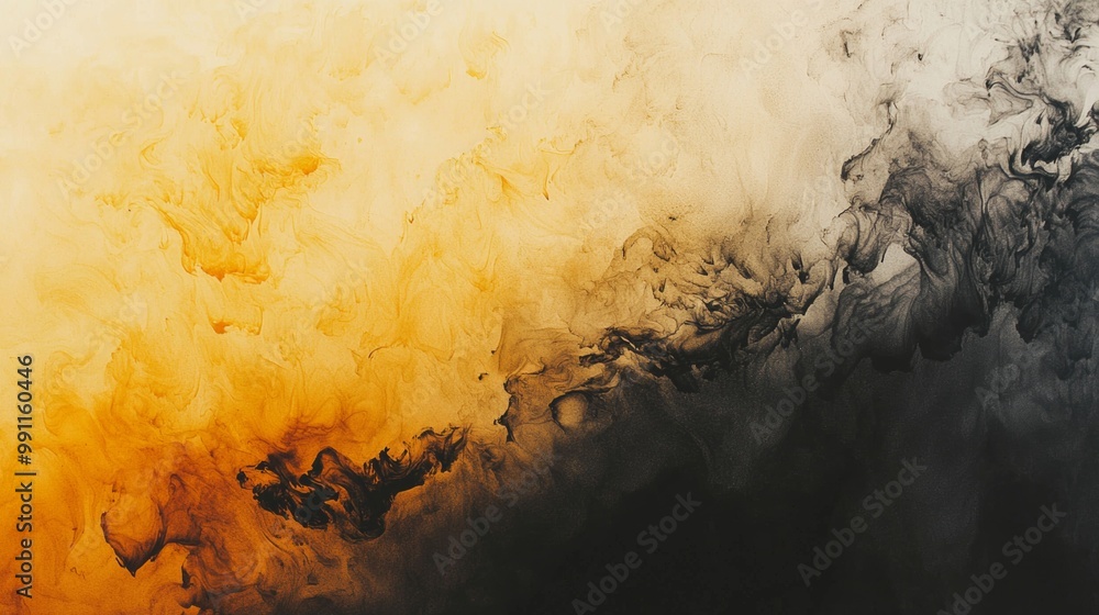 Poster mesmerizing black and yellow ink swirls in water, creating organic shapes and textures. perfect for 