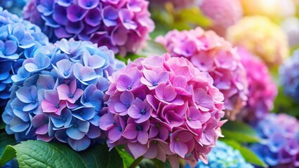 Fototapeta premium Vibrant display of pastel hued hydrangea flowers in shades of pink, blue, and violet showcasing natural beauty and floral elegance