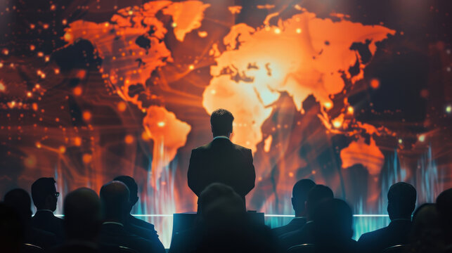 A business visionary delivering a keynote speech at a global business conference, sharing groundbreaking ideas that could reshape the future of global industries.