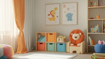 A light and airy kid's room with a wooden chair and a colorful bean bag.  There are also shelves filled with toys and books.