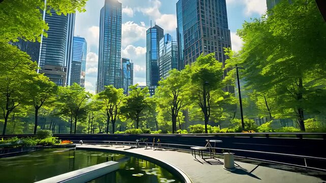 Urban park surrounded by modern skyscrapers, blending green nature with city architecture, representing sustainability and urban design.

