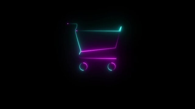 abstract glowing Neon sing  purple aquamarine color shopping cart icon animation on black background.