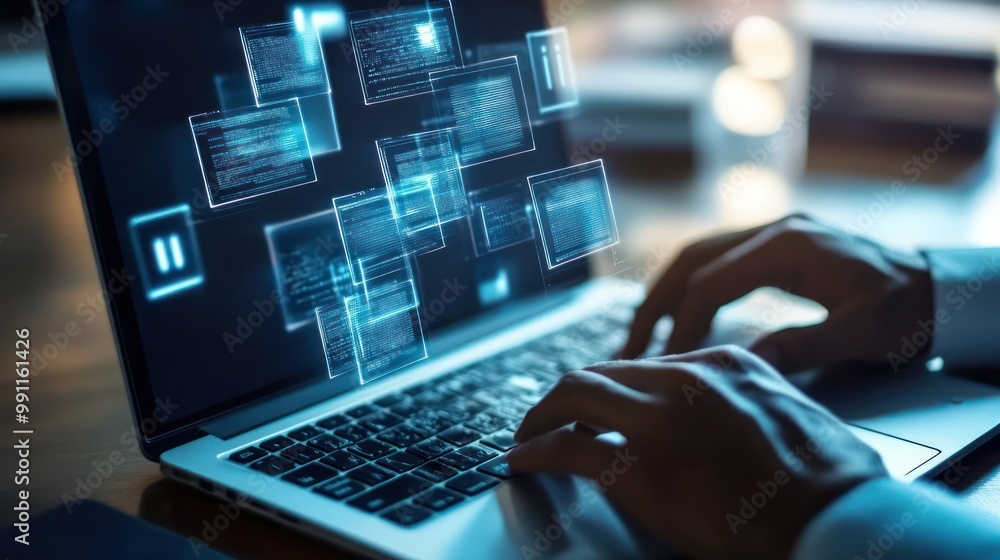 Aufkleber a person typing on a laptop with digital interface elements displayed on the screen.
