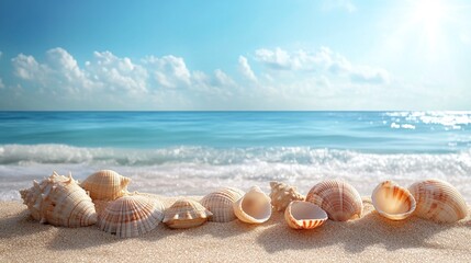 seashells lying on the sandy beach with the ocean and horizon in the background, a tranquil and picturesque scene of marine life and coastal relaxation in a peaceful environment