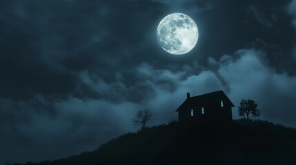 Mysterious light is shining from the windows of a small house silhouetted on a hilltop beneath a cloudy night sky with a bright full moon