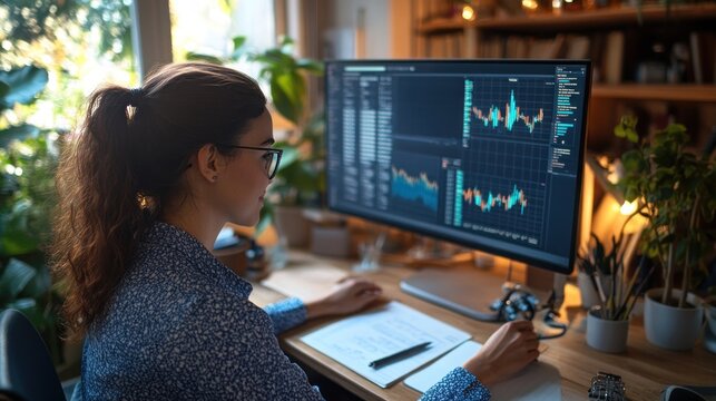 Young woman with glasses works from home looking at financial data on her computer screen. - Powered by Adobe