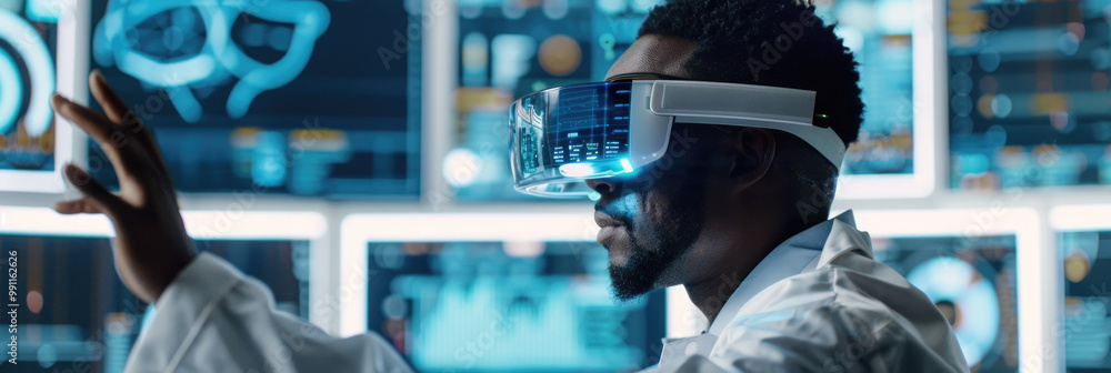 Aufkleber a man wearing a virtual reality headset engages with interactive digital displays in a high-tech lab