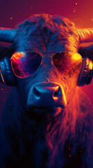 A bull wearing sunglasses and headphones.