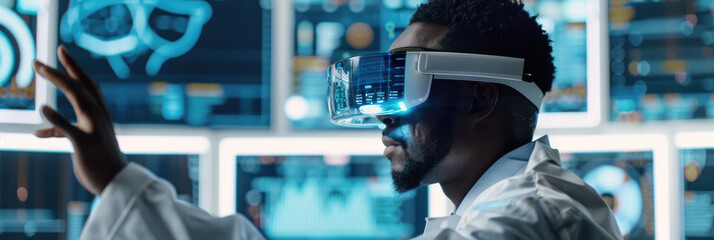 A man wearing a virtual reality headset engages with interactive digital displays in a high-tech lab environment, showcasing advanced technology
