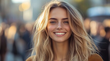 Obraz premium blonde woman with a big smile in a crowd at a public event, embracing the fun and excitement of a social gathering, filled with vibrant energy and happy interactions