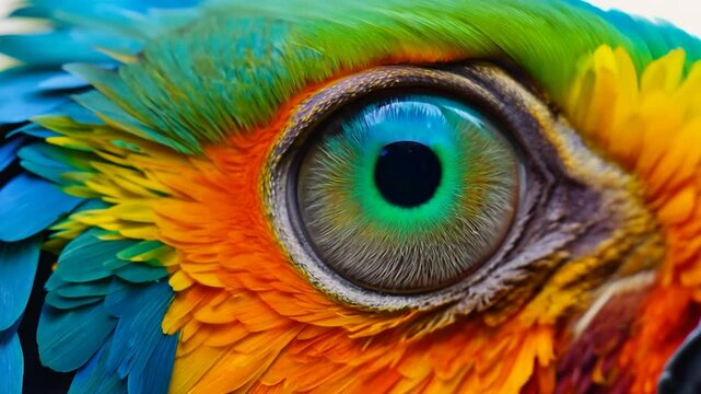 This striking close-up captures the colorful details of a parrot's eye, revealing intricate patterns and a vivid spectrum of hues in bright daylight