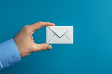 Hand holding a white mail icon on a blue background. Generative AI.