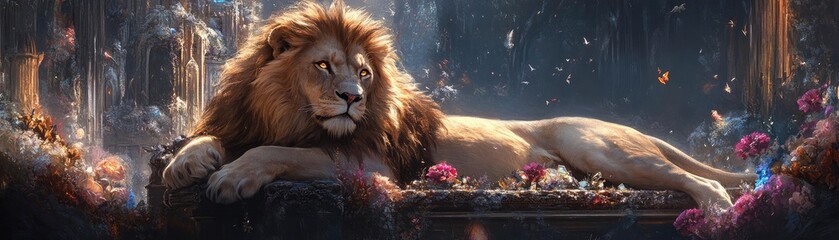 Naklejka premium Frontal view of a regal lion lounging on a throne made of crystal, surrounded by magical flora and fauna, a reflection of a fantastical kingdom