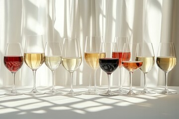 A collection of various wine glasses capturing sunlight in a serene setting