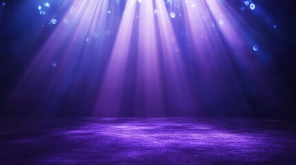 A stage illuminated by purple beams of light, creating a dramatic atmosphere.