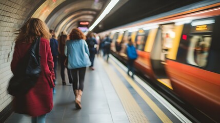 Fototapeta premium People walking in subway station with blurred train in background.