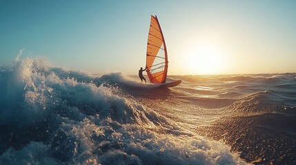 thrilling windsurfing action shot, capturing the windsurfer's balance and performance against a clear sky, highlighting the speed and excitement of this extreme water sport