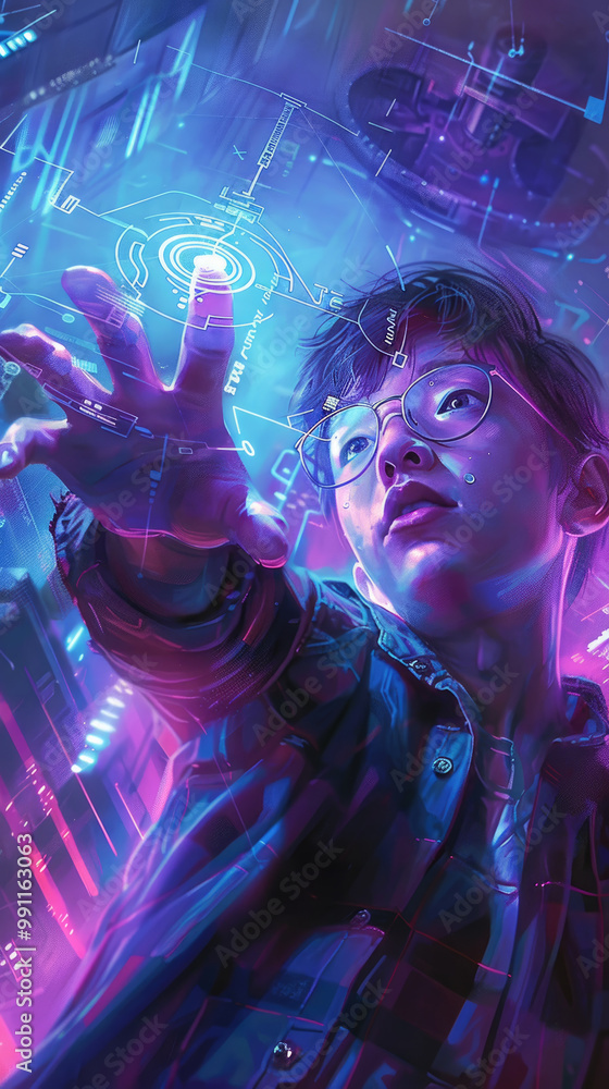 Poster a boy extends his hand, captivated by a colorful digital landscape filled with floating data and hol