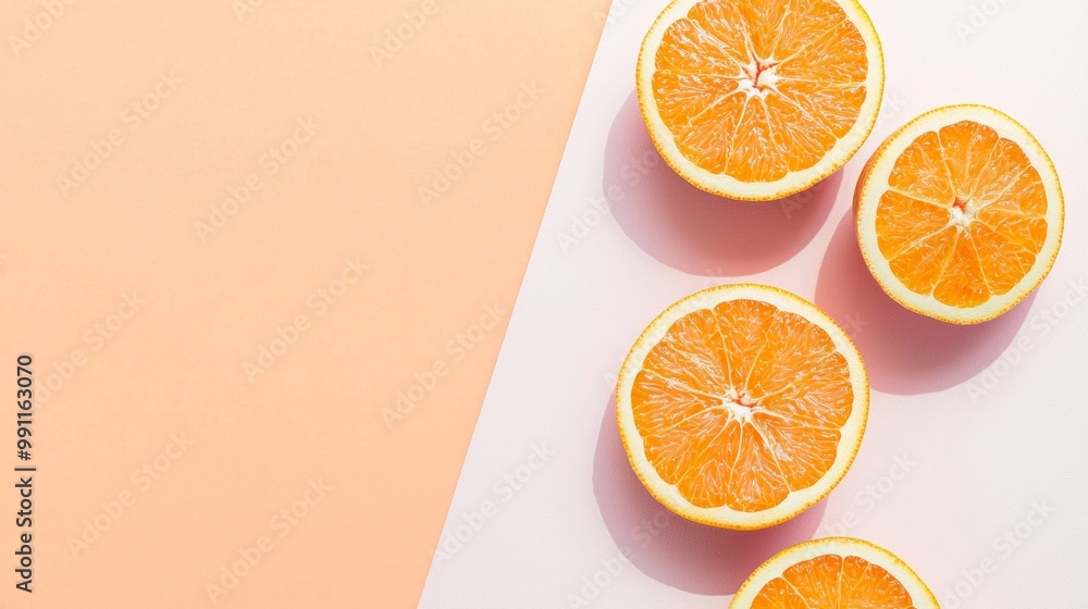 Poster several halves of ripe oranges are arranged on a pink and peach background, creating a vibrant and c